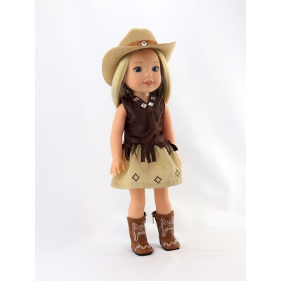 Brown Little Cowgirl with Hat and Boots-Fits 14 Inch Wellie Wisher Dolls | 14 Inch Doll Clothing   